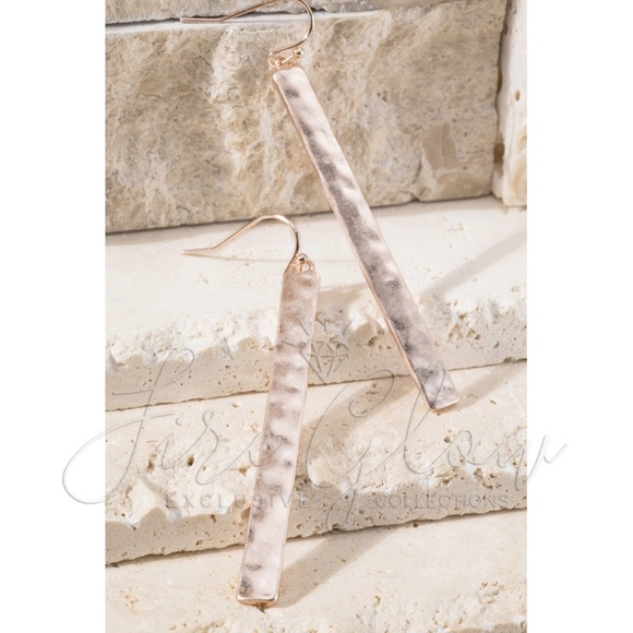 Rose Gold Tone Long Bar Hammered Metal Earrings - Picture 2 of 8
